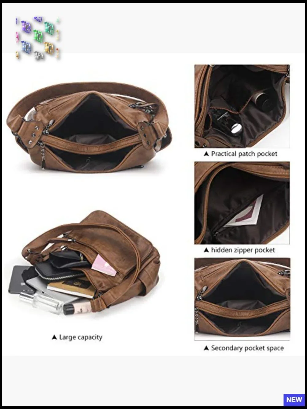 PU Leather Hobo Crossbody Bag Multi Pocket Shoulder Tote Handbag Purse Large